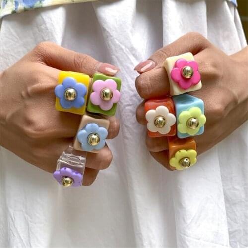 DIEZI Korean Fashion Resin Acrylic Flower Ring Retro Exaggeration Geometric Rings for Women Girls Gift Party 2021 New Jewelry