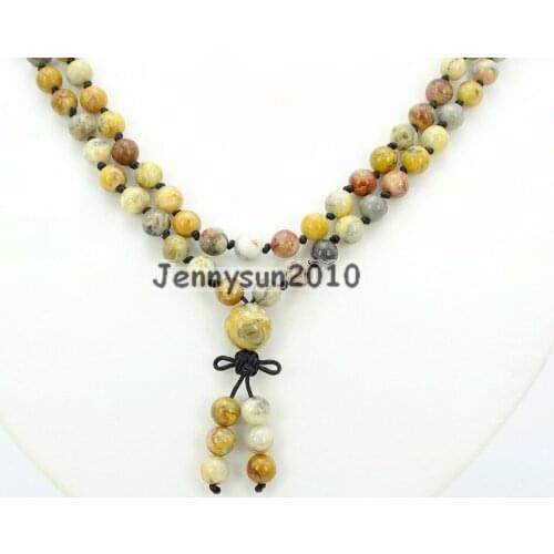 Natural Crazy Lace Ag-ate 6mm Gems Stone Buddhist 108 Beads Prayer Mala Knot Necklace Multi-Purpose 5Strands/Pack