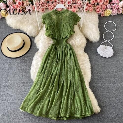 New Retro Women Lace Dress Summer Sleeveless Slim High Waist Ruffles Dresses Ladies Elegant A-line Vintage Party Dress Long Robe