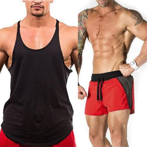New 2pcs Sets Plain Gym Clothing Fitness Tracksuit Men Bodybuilding Stringer Tank Top + Shorts Mens Jogging Sweatsuit