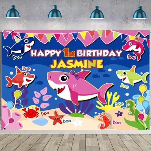Custom Pink Shark Photography Backdrop Baby Shower Girls Happy Birthday Party Photo Background Photocall Prop Decoration Banner
