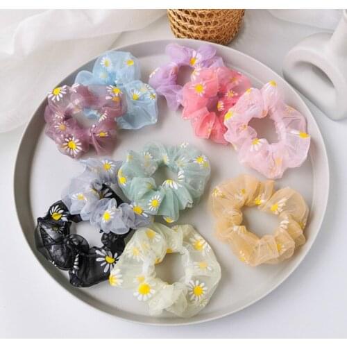 Women Girls Sweet Mesh Hair Ring Ties Transparent Tulle Daisy Elastic Hairband Rope Romantic Organza Headwear Accessories