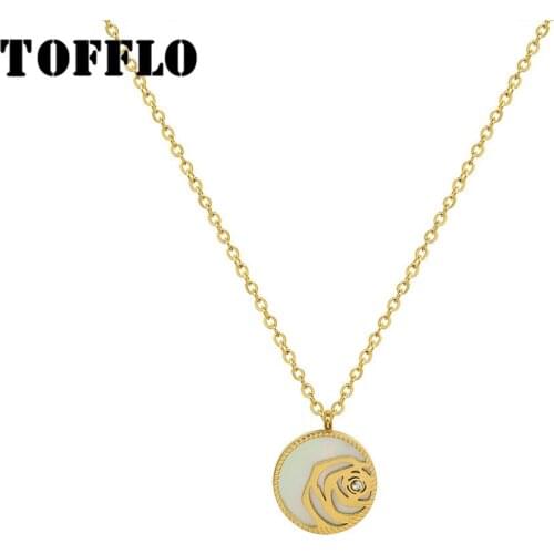 TOFFLO Stainless Steel Jewelry White Sea Shell Rose Zircon Necklace Elegant Female Clavicle Chain BSP1081