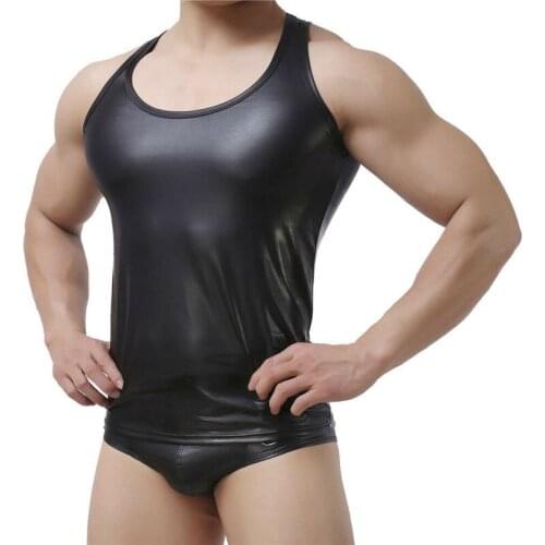 Slim Mens Underwear Set Tank Tops Vest PU Leather Sleeveless Tops Stage Night Dance Clubwear Costumes Boxer Briefs Penis Pouch