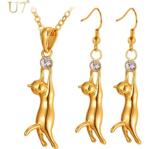 U7 Cat Charm Necklace And Earrings Set Cute Silver/Gold Color Gift For Women Fashion kawaii Bridal Wedding Jewelry Sets S3103