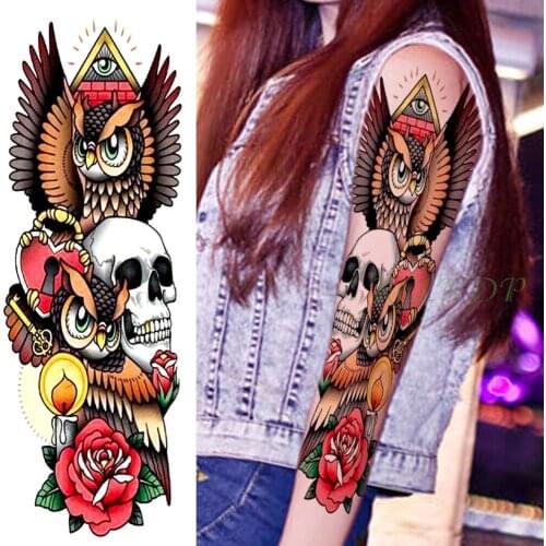 Waterproof Temporary Tattoo Sticker Owl Rose Skull head full arm fake tatto big flash tatoo sleeve large size for men women girl