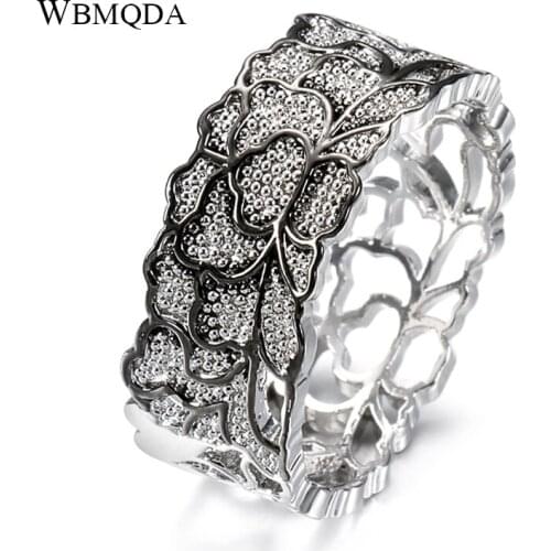 Wbmqda Vintage Jewelry Wholesale Hollow Flower Ring for Women Silver Color Gun Black Pattern Width Ring Best Gift 2020 New