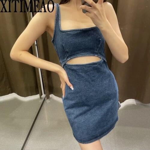 Za Women New Summer Sexy Hollowed Out Backless Denim Mini Dress Party Suspender Slim Skirt XITIMEAO