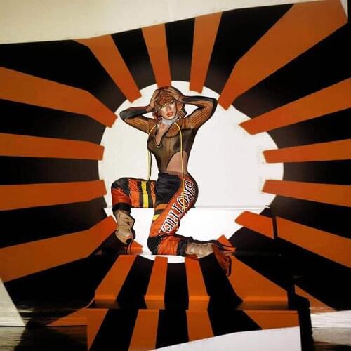 Women Racer Costume Wear Women Dancer Singer Club Prom Spandex Outfit Orange Long Sleeve V-collar Hooded Top Pants