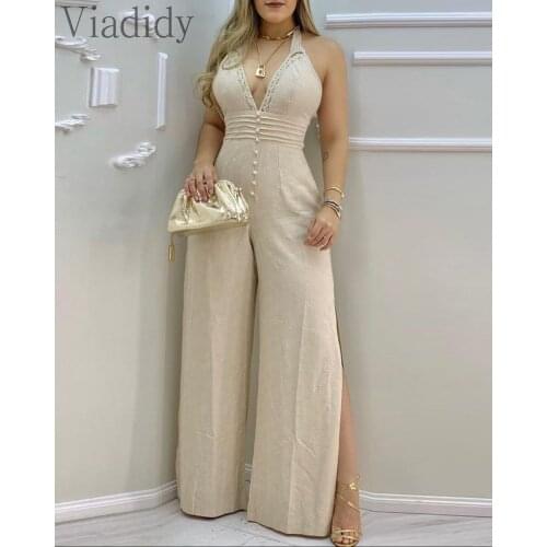 Women Strapless Deep V Neck Open Back Lace-up High Waist Side Slit Wide Leg Jumpsuit