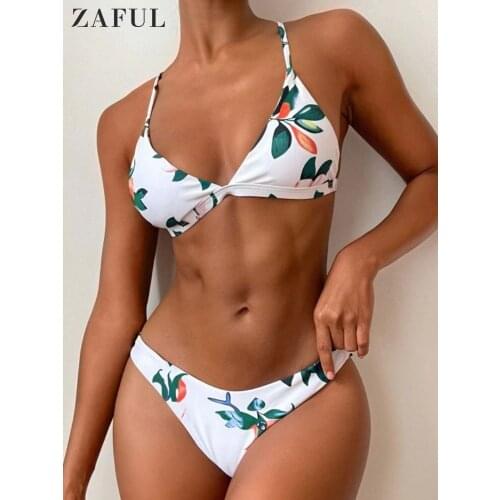 ZAFUL Leaf Print Bikini Set 2021 Plunge Swimsuit Padded Spaghetti Straps Floral Swimwear Women Sexy Thong Brazilian Bathing Suit