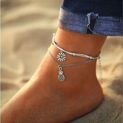 Womens Vintage Pineapple Flower Barefoot Sandals Beach Anklet Tassel Chain Foot Jewelry Bracelet on Leg Bracelet Ankle Jewelry