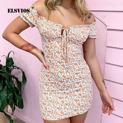 Summer Sexy Buttocks Mini Dress One Word Collar Hollow-out Florals Printed Dress Spring Women Elegant Slim Bodycon Party Dresses