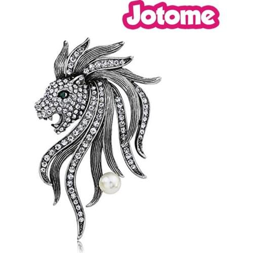 10pcs Fashion Rhinestone Brooch Pins Vintage Antique Silver Tone Lion King Head Rhinestones Pearl Brooches Pin - 70mm