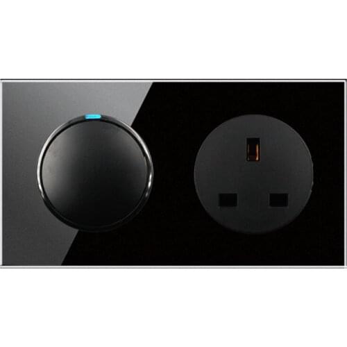 146 Type 1 gang 2 way + UK Socket Crystal Tempered Pure Glass Panel 13a Double Eu Standard Wall Power Socket Grounded black