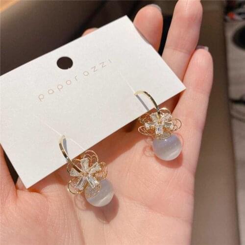 2020 New Trendy Korean Zircon Hollow Flowers Opal C-shaped Hoop Earrings Long Fishtail Tassel Net Red Temperament Earring