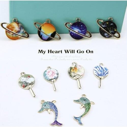 Dolphin/planet shape 50pcs/lot alloy drop oil charms diy jewelry earrings/bracelet/necklace accessory