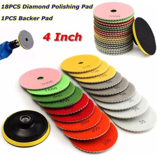 19Pcs Diamond Polishing Pad Discs 4inch Backer Pad 30-3000 Grit for Granite Marble Concrete Stone Wet/Dry Diamond Polishing Disc