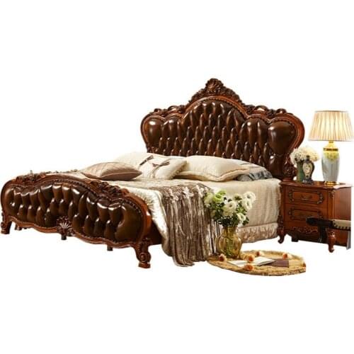 American bed all solid wood carved wedding bed luxury retro bedroom leather princess big bed European solid wood bed