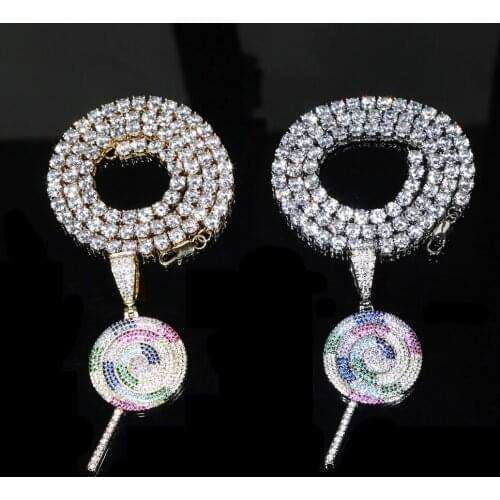 Bling bling cz paved 5mm Tennis Chain Necklace jewlery wholesale chain with rainbow cz paved Lollipop hip hop necklace chain