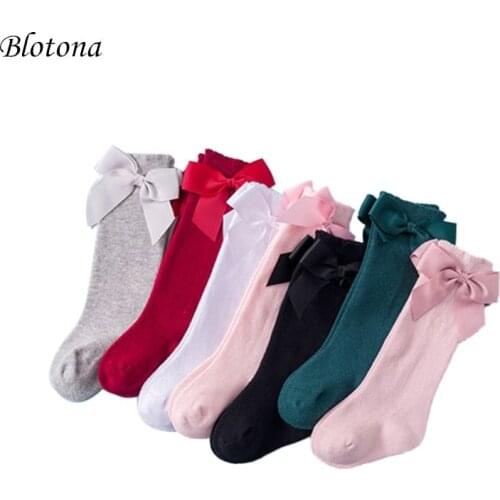 Blotona Cute Baby Girls Long Tube Socks Breathable Solid Cotton Knee Long Princess Bowknot Knee Long Stockings Sock 0-7Y