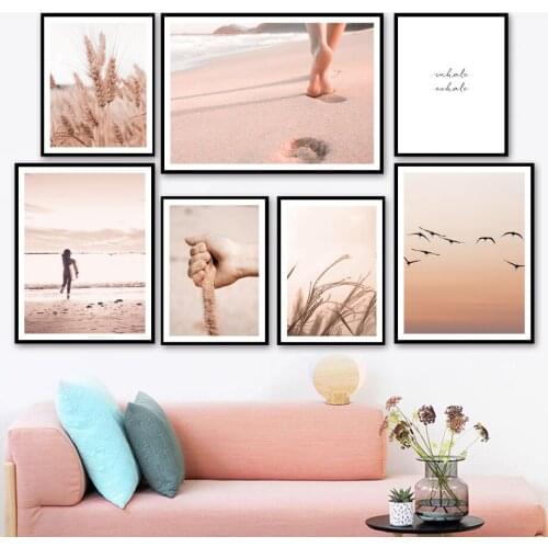 Nordic Canvas Painting Sandy Beach Wheat Reed Bird Girl Wall Art Landscape Vintage Posters And Prints Pictures Modern Home Decor