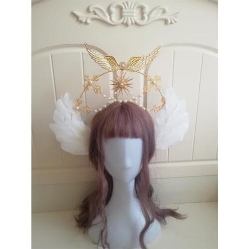 Lolita hand-made Virgin halo ornate headdress head crown feather wings pearl chain cross sun