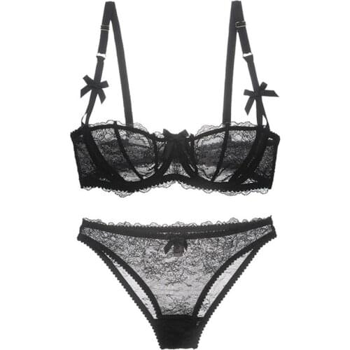 Varsmiss Women Ultra-thin Floral Transparent Underwear Sexy Lace Bow Half Cup Bra Sets