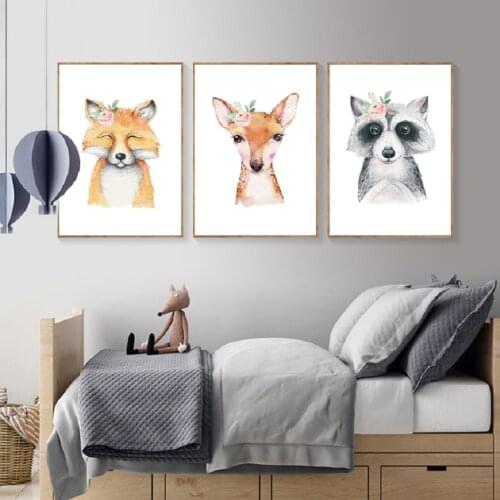 Nordic Minimalist Cartoon Forest Animals Deer Fox Canvas Painting Nursery Wall Art Prints Posters Pictures Kids Room Home Decor