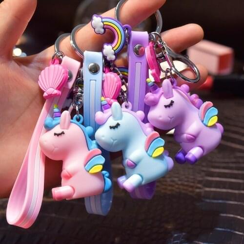 New Fashion Stereo Rainbow Unicorn Keychain Keyring Creative Mobile Phone Bag Car Exquisite Pendant Keychains Gift for Friends