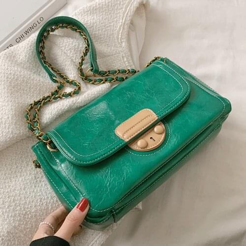 New Crossbody Bags for Women Leather Messenger Bag Vintag Clutch Solid Shoulder Bag Female Sac Designer Chains Green Handbags
