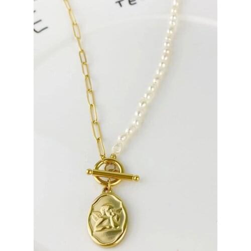 AB chain freshwater pearl Necklac Jewelry Stainless Steel New Goddess Luxury Golden Color Luxe Fashion For Women