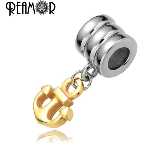 REAMOR 5mm Stainless Steel Plating Gold Anchor Pendants Dangle Charm Beads Fit Women Bracelet Necklaces DIY Jewelry Making Gift