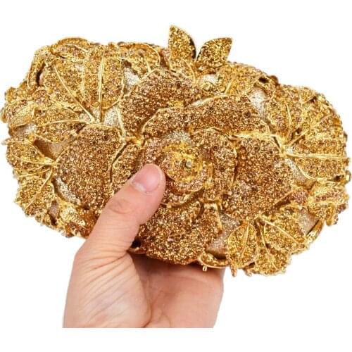 Gold Flower Rhinestone Crystal Evening Bag Women Party Purse floral Wedding Pouch Female pochette Ladies Clutch Bags SC645