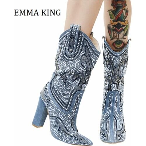 2020 Fall Winter Rhinestone Studded Cowboy Boots Western Mid Calf Chunky Heel Boots Pointed Toe Blingy Crystal Botas De Mujer