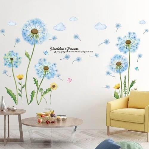 [shijuekongjian] Blue Color Dandelions Wall Stickers DIY Flowers Wall Decals for House Living Room Bedroom Kitchen Decoration