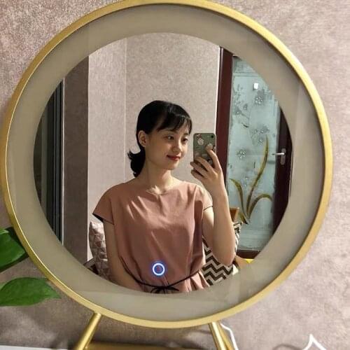 Nordic LED Makeup Mirror 3 Color Variable Light Smart Gold Metal Frame Round Desktop Dresser Mirror Decorative Mirror 50cm MJ