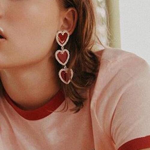 Tocona Korean Design Love Red Heart Pendant Long Earrings Peach Heart Drop Earrings for Women Girls Best Gift Wholesale 8733