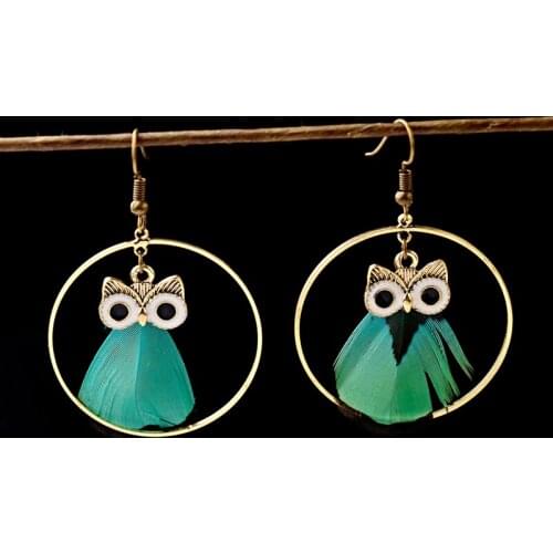 TopHanqi Ethnic Cute Animal Owl Dangle Earrings For Women Handmade Green Feather Big Circle Drop Earring Fashion Jewelry Gifts