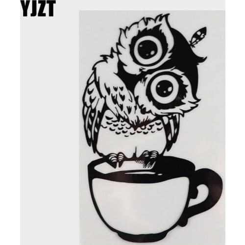 YJZT 8.7CM*14.3CM Funny Cartoon Owl Cup Of Tea Vinyl Black/Silver Car Sticker C22-0952