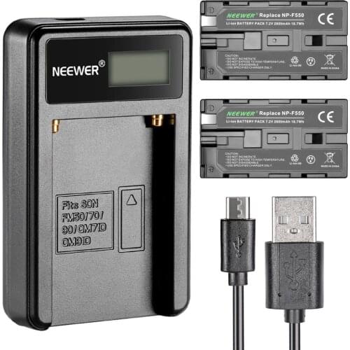 Neewer Micro USB Battery Charger 2Pack 2600mAh NP-F550/570/530 Replacement Batteries for Sony HandyCams, Neewer Nanguang CN-160