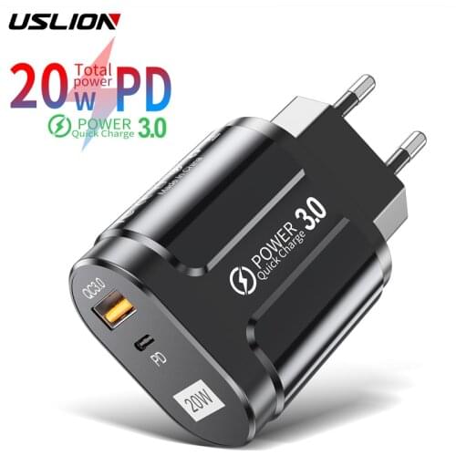 USLION 20W USB PD Quick charger QC3.0 USB Fast Charging For iPhone Xiaomi Samsung the phone mobile USB Charge adapter EU US Plug