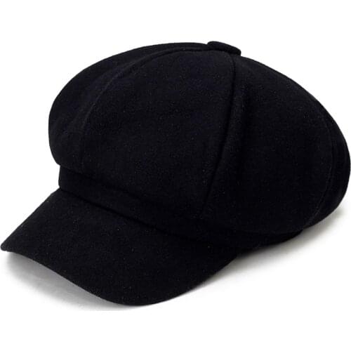 Womens hat Autumn Winter Warm Fashion Octagonal Hat Woolen Cloth Casual Beret Cap Solid Artist Painter Newsboy Hats Black Grey