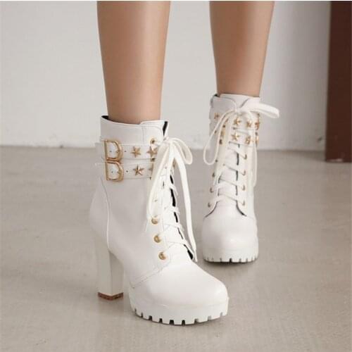 PXELENA Hot 2020 Autumn Ankle Boots Women Buckle Star Rivet Block High Heels Biker Boots Lace Up Office Lady Daily Shoes White