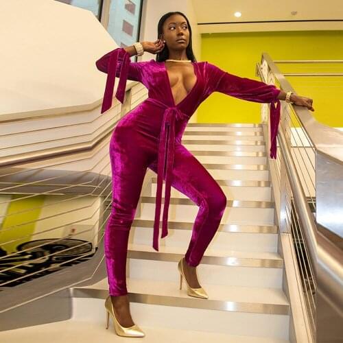 Blue Burgundy Sexy Fitness Jumpsuit 2021 Women V-neck Long Sleeve High Waist Velvet Overall Autumn Backless Skinny Bodysuits