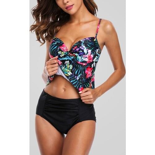 Womens Retro Takini Set Floral Print Two Pieces Swimwear Padded Push Up Bikini Set Swimsuit Female Bathing Suit Beachwear XXL