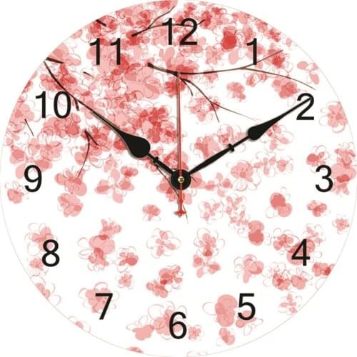 12Inch Coral Pink Peach Blossom Round Wall Clock Beauty Wedding Party Decoration Non Ticking Silent Rustic Wooden Clock Wall Art