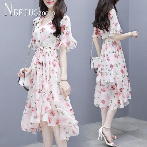 2020 Summer Flower Printed Irregular Women Dress Temperament Women Chiffon Dresses