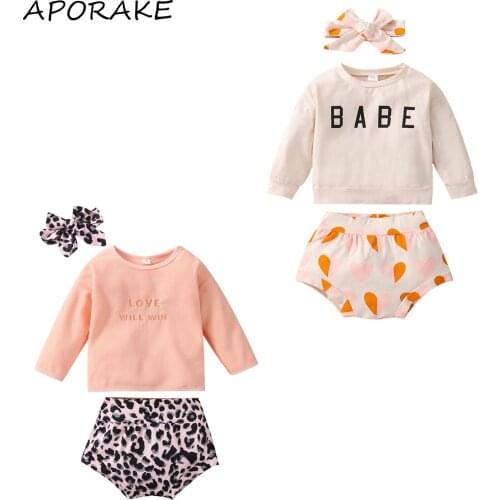 2021 0-24M Sweet Baby Girl Clothes BABE/LOVE WILL WIN Letter Pattern Long Sleeve O Neck Sweatshirt+Dot/Leopard Print Shorts 3pcs
