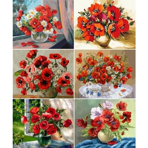 AZQSD 40x50cm Painting By Number Canvas Poppy Flower Handpainted Gift DIY Coloring By Numbers Vase Home Living Room Art Craft